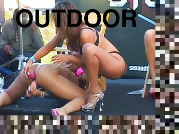 Incredible outdoor public party along babes flashing tits and nice ass