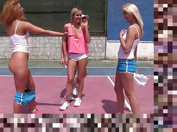 Four blonde cuties pleasuring their twat on a tennis court