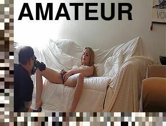 Flirty amateur masturbating solo in steamy backstage shoot