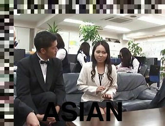 Asian office girl gets naughty with her male colleagues in the office