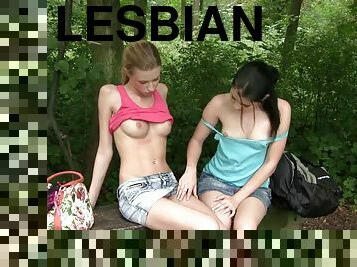Beautiful lesbians with fantastic boobs get off together in the nature