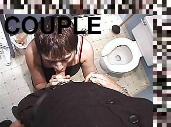 A horny couple sneaks off to the toilet to get busy