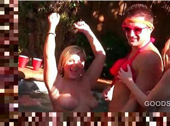 Hot blonde gets pussy pounded at a pool sex party