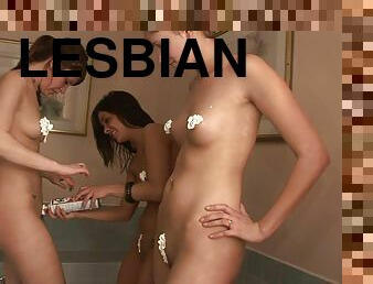 Tender teen lesbians shower after getting messy with whip cream