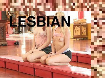 Flexible lesbian amateurs flash their tits while doing yoga