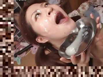 Asian tramp gets a facial and mouth jizzed in close-up