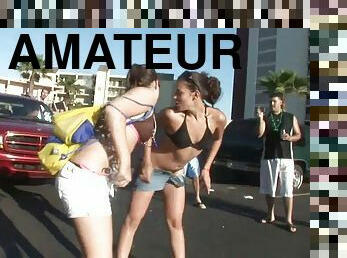 Sexy amateur babes in bikini in the outdoor street party