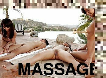 Four girls on the beach take off their bikinis and massage each other