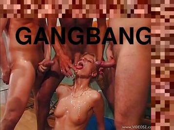 Sandra takes cock in fuck holes in gangbang session before cumshot