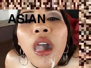 Asian slut takes cum in mouth after being gangbanged in an interracial group sex