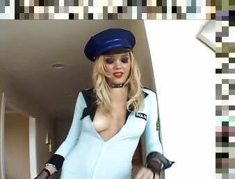 Two guys fuck a sexy blonde in a flight attendant uniform