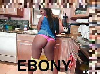 Ebony with black butt in a thong yelling as her pussy is penetrated hardcore in the kitchen