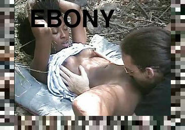Ebony enjoying her pussy getting licked then banged hardcore in the forest