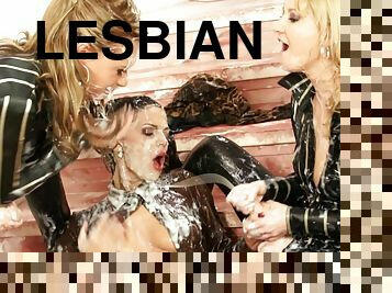 Salacious lesbians masturbating with dildos in a messy shoot