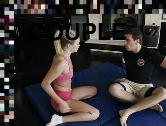 A martial arts instructor pins this hottie to the mat and nails her