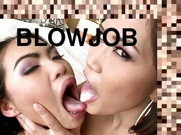 Horny porn stars enjoy cum swapping in threesome POV blowjob