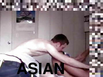 2 white brothers breeding an asian boy