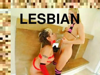 Pretty girls in knee high socks have hot lesbian sex