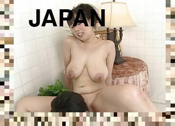 Japanese cowgirl sucks cock in the bathroom and big tits fucked