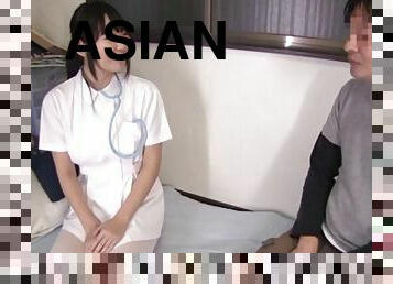Enticing Asian nurse in nylon pantyhose aroused as she gets licked then gives a sensual handjob