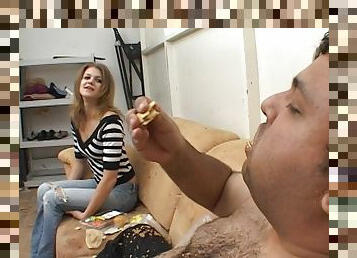 Ivy gets fucked by a nasty fat man in food fetish clip