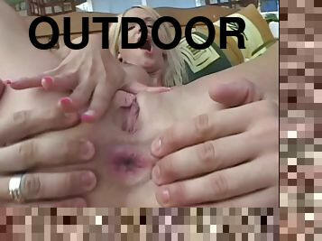 Caroline De Jaie gets her smooth asshole drilled outdoors