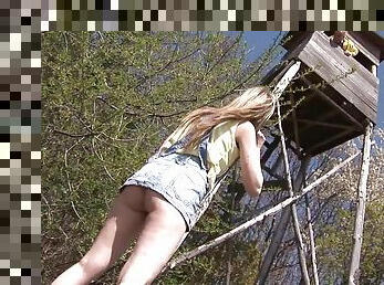 Abigaile Johnson enjoys upskirt rear banging in the forest