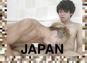 Blond Japanese gay sucks cock before spreading legs for anal