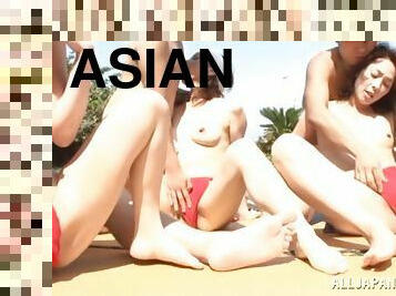 Horny Asian ladies are fucked in outdoors group sex scene