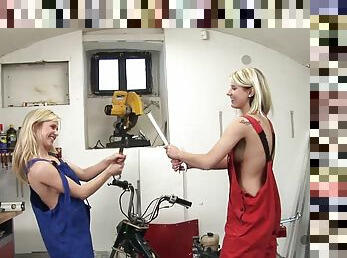 Lesbian Blondes Eat Each Other's Yummy Pussies In The Workshop