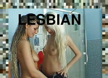 Blonde lesbos Salma de Nora and Safi play with a dildo in the shower