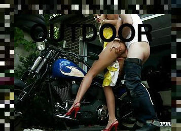 Sweet Cherry Kiss Has Clothed Sex On A Nice Motorcycle