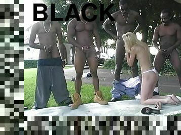 Slim White girl sucks four big black cocks outdoors