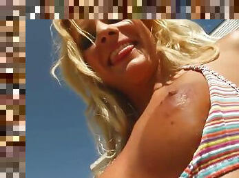 Tanned blonde babe in a bikini rides a dick in a POV video