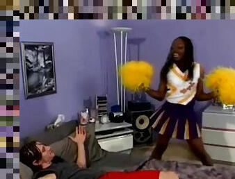 Ebony girl in cheerleader uniform gets fucked by White man
