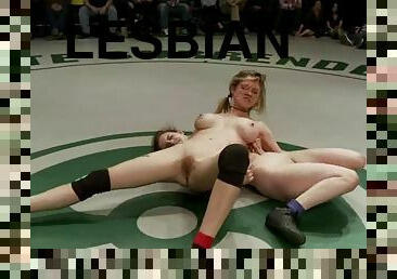 Nude girls wrestle and have wild lesbian sex in public