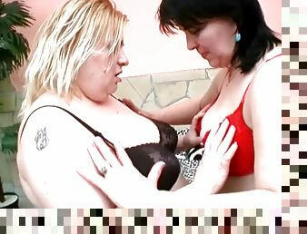 Rosalie and Lisa play with each other's enormous boobs and share a dildo
