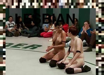 Many lesbians bang on tatami after having a wrestling match