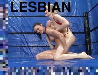 Four sexy chicks get oiled up and go lesbian