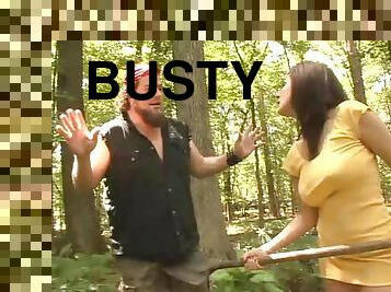 Busty brunette mom gets fucked by some nerd in a forest