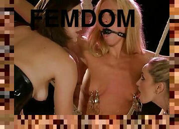 Slender blonde gets toyed by two chicks in femdom video