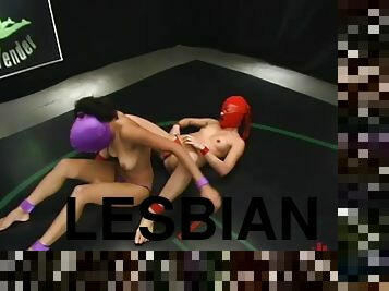 Two masked lesbians fuck each other with strapons on tatami
