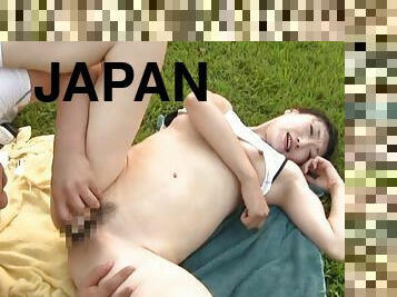 Japanese milf gets her pussy fingered and fucked in the garden
