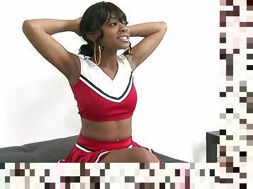 Ebony babe in cheerleader uniform gets gangbanged