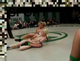 Lustful chicks wrestle in a ring being naked