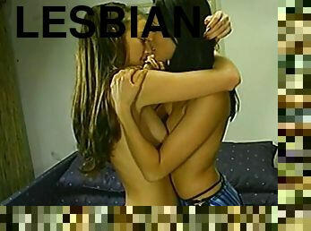 Slim teen plays lesbian games with a sexy brunette