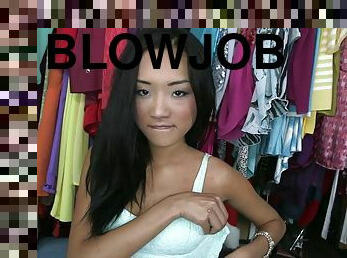 Slim Alina Li gives a blowjob and swallows cum