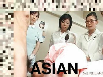 Asian brunette girl blows hairy shaft at the hospital