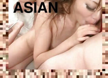 Asian babe pussy vibed while giving blowjob in 3some