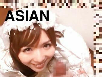 Asian bride sucking loaded shaft in POV style